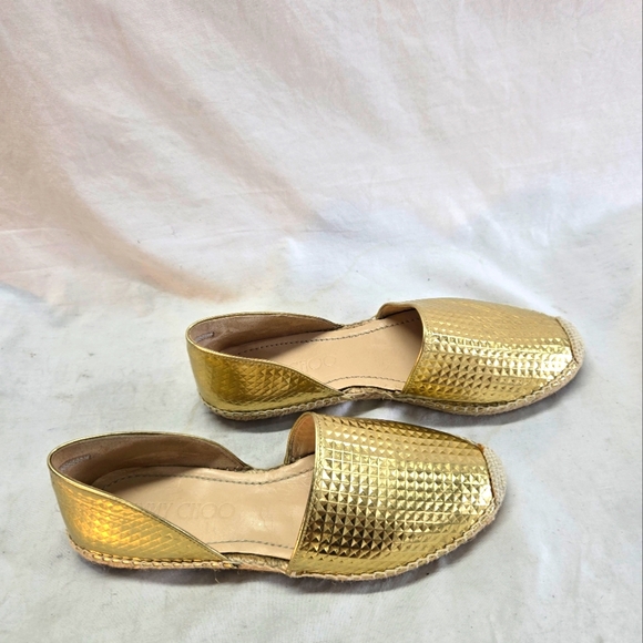 Jimmy Choo 39 Dreya Gold Cubed Mirror D'Orsay Leather Espadrille Flat Shoe EUC - Picture 2 of 8